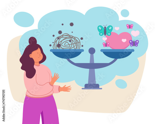 Woman looking scales with positive and negative thoughts on weighing pans. Vector illustration. Balance between achievements and doubts. Confidence scales concept