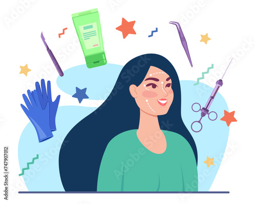Woman face and syringe, cream tube, medical gloves and tools vector illustration. Rejuvenation injections, stop aging process, face lifting concept