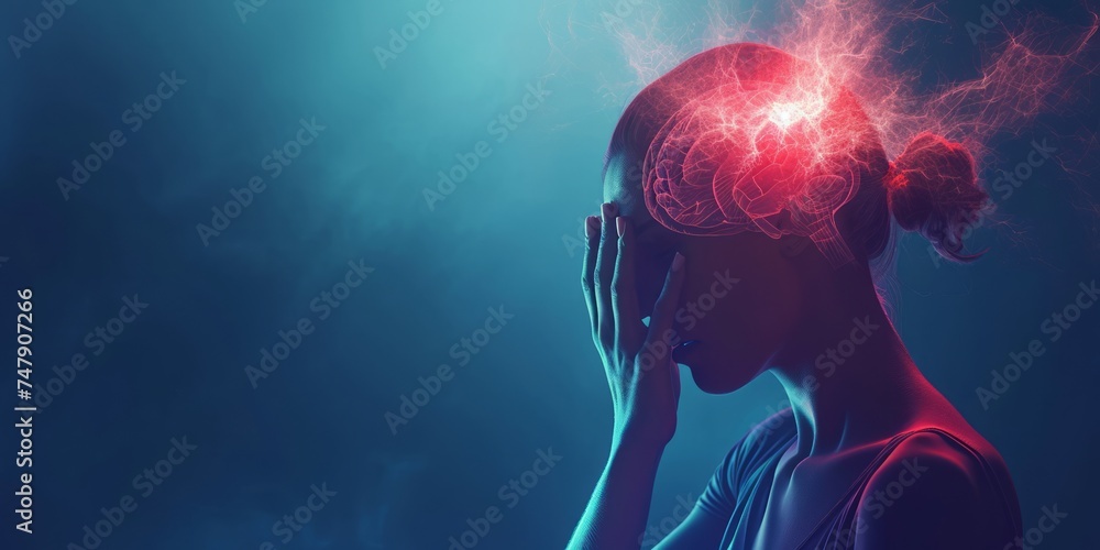 Woman suffering from headache. Depressed and stressed woman because of pain and migraine, touch her his temples, tension problem, vertigo or dizziness