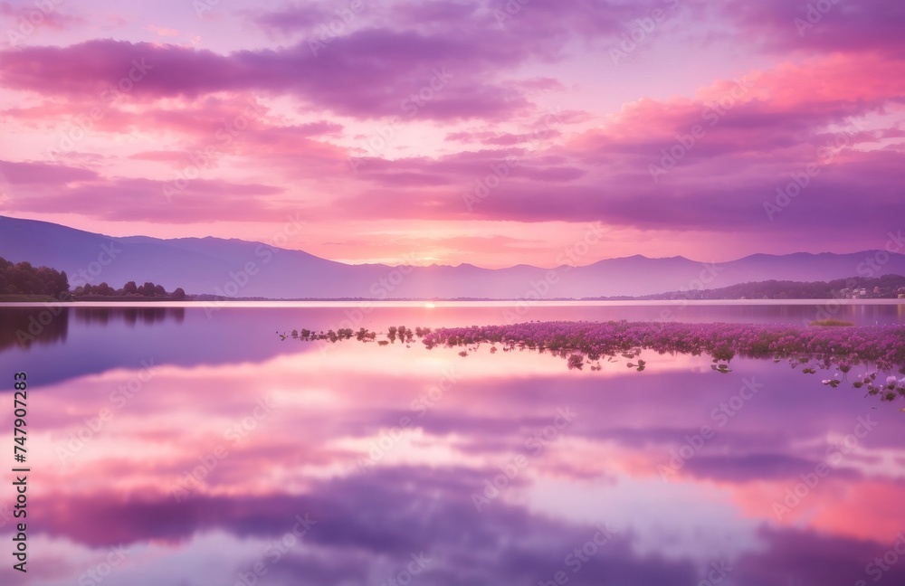 Clouds in shades of pink mirrored in the still waters of the lake