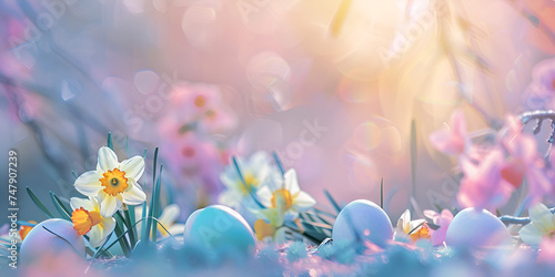Joyful Easter Greetings: Celebratory Background with Vibrant Colors and Festive Design, Colorful Easter eggs with spring daffodil flowers on a blue blurred background. Stylish gentle spring template  © Saim