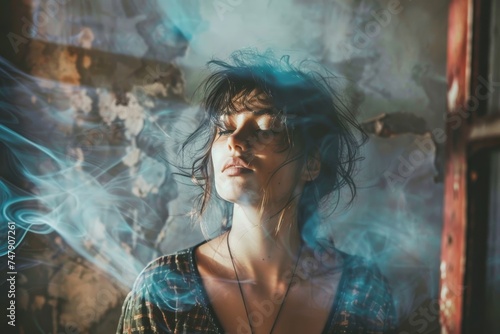 A captivating image showing a woman among dynamic swirls of smoke in a moody, ethereal setting, invoking mystery