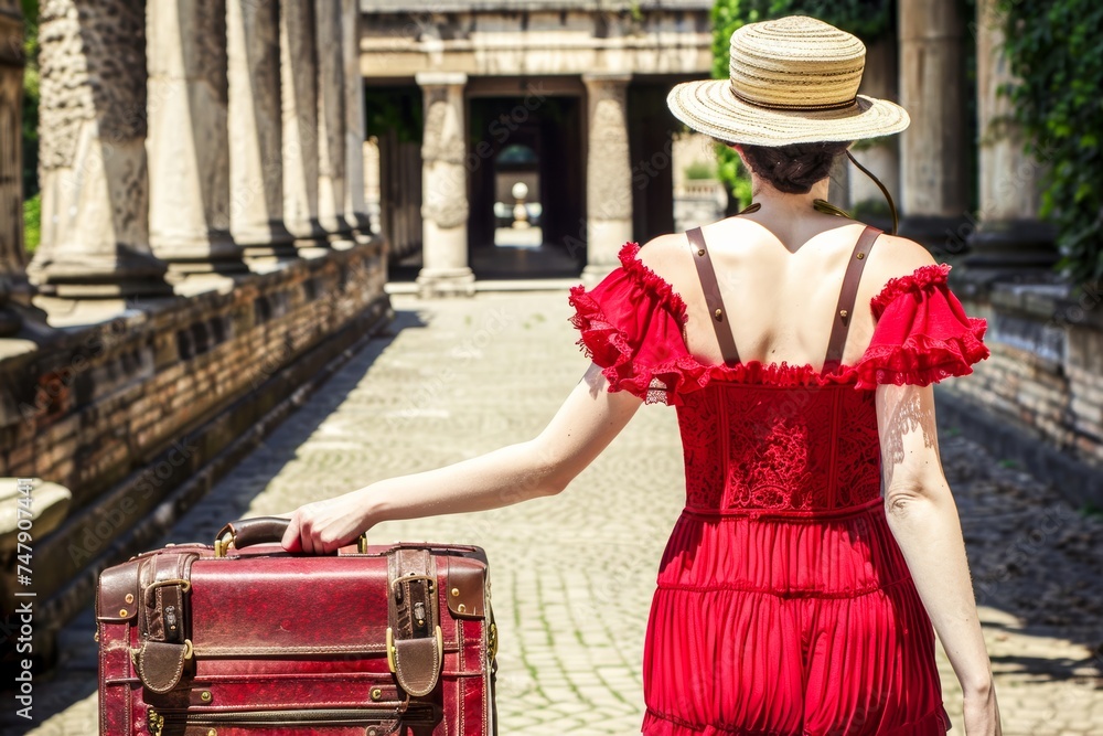 Vintage style image of a woman in a red dress, walking away while carrying a suitcase, probably beginning a journey