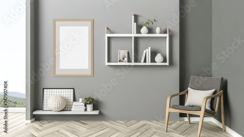 frame mockup minimalist grey gallery room interior, featuring a sleek drawer unit © chopoo