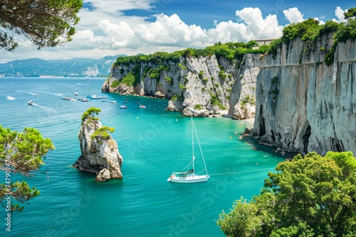 Lush green cliffs and a solitary boat floating on turquoise waters showcase the serene beauty of Capri Island photo