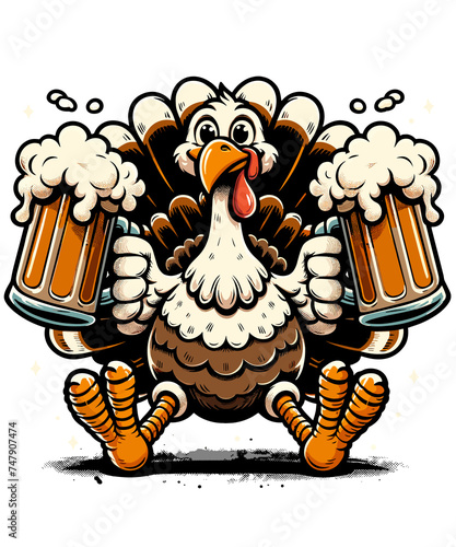 Thanksgiving Funny Turkey Holding Beer Glasses Clipart, Cartoon Turkey With Pilgrim Hat, Png Transparent Background