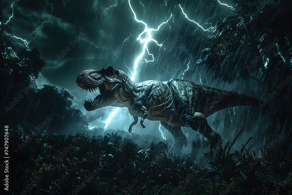Tyrannosaurus Rex in dramatic scene unfolds amidst a raging thunderstorm - obrazy, fototapety, plakaty 