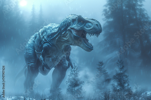 Tyrannosaurus rex is walking in prehistoric forest in snowfall scene © stockdevil