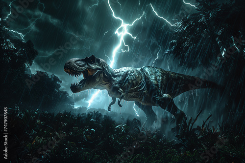 Tyrannosaurus Rex in dramatic scene unfolds amidst a raging thunderstorm © stockdevil