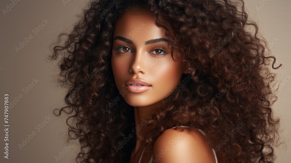 Beautiful African woman with curly brunette hair and dark skin.