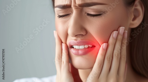 Woman Suffering From Toothache, Pain and Sensitive Tooth. Dental illness Symbolizing of Dental Care, Tooth Decay photo