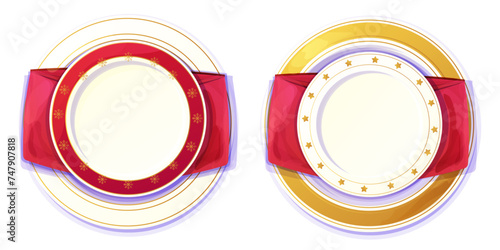 Set Holiday plate, bright empty dish top view with golden stars, border ornament Christmas decoration, festive napkin isolated on white background.