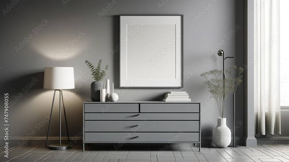 Fototapeta premium designed grey minimal room interior showcasing a mock-up photo frame on a wall-mounted