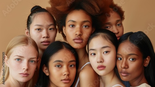 A group of diverse ethnically diverse women posing and smiling, with different types of skin together. Multi-ethnic women of Caucasian, African, and Asian ethnicities pose against a beige background.