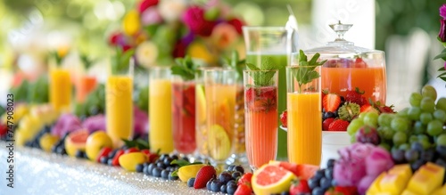 A colorful table arrangement showcasing a row of glasses filled with various types of freshly squeezed fruit juices, each garnished with matching fruit pieces. The vibrant display offers a delightful