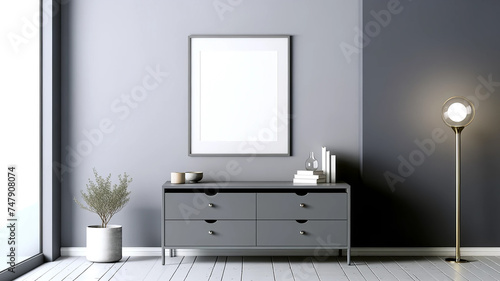 frame mockup minimalist grey gallery room interior  featuring a sleek drawer unit