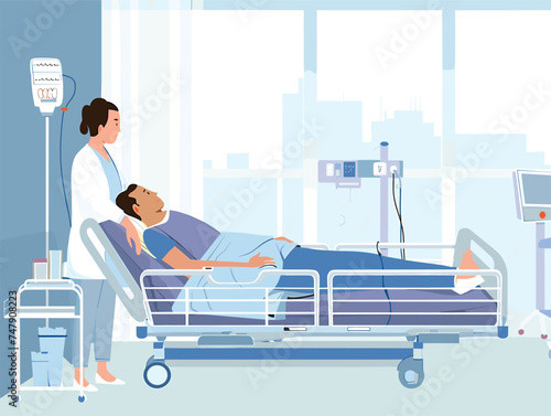 A man is comfortably sitting in a hospital bed with a nurse standing next to him, illustrating care and support. The event portrays the human leg engineering and font as a form of art