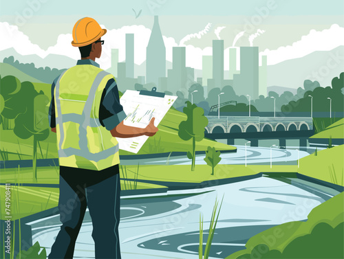 A construction worker in highvisibility clothing stands by a river near a building holding a clipboard. Trees, grass, and the sky can be seen in the background