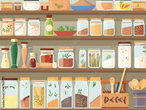 A shelf filled with jars of spices and condiments, perfect for storing natural foods and ingredients in your home pantry or retail store
