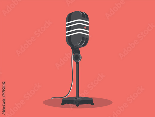 A microphone is placed on a stand against a vibrant magenta background. It is a peripheral audio equipment, an electronic device used as an output device for sound. The stand is carmine in color
