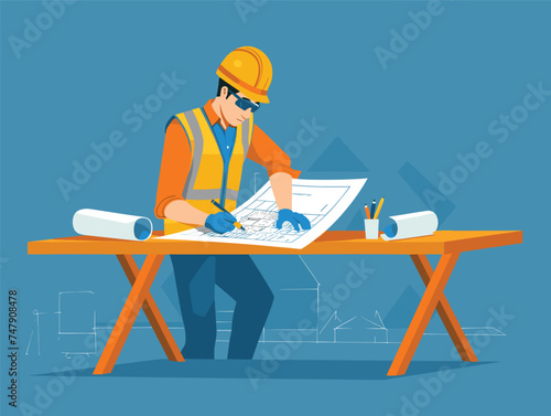 A tradesman in electric blue workwear and a hard hat sits at a desk, examining a blueprint on the table. Personal protective equipment is visible