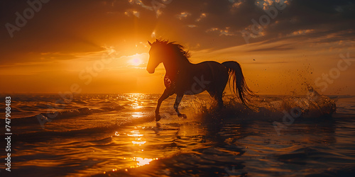 A horse with a horse on its back running in a field  Silhouetted horse against a sunrise backdrop  