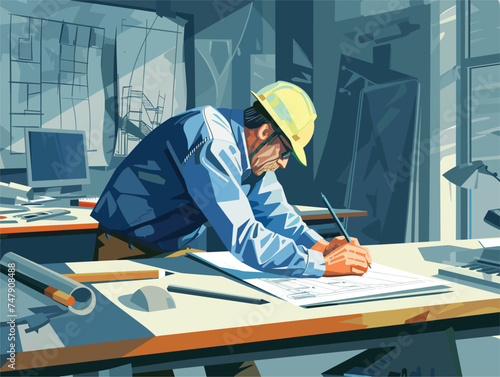 An engineer in a helmet is jotting down notes on a building project, while sitting at his desk with various tools and machine parts scattered around