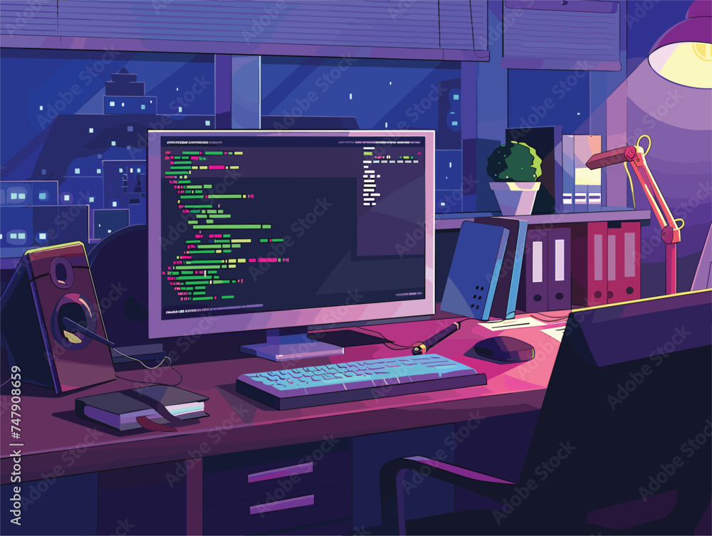 A computer monitor and keyboard are on a purple desk, a typical setup for a personal computer. The monitor is a peripheral to the computer A computer monitor and keyboard are on a purple desk, a typical setup for a personal computer. The monitor is a peripheral to the computer