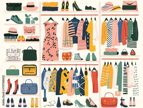 A stylish closet filled with a diverse array of products such as textile clothes, leather shoes, designer bags, and trendy hats in various colors and patterns