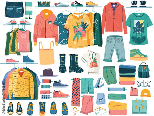 A closet filled with products like clothes and shoes, displayed against a white background. The assortment includes textiles, jerseys, and various patterns in an array of colors such as orange
