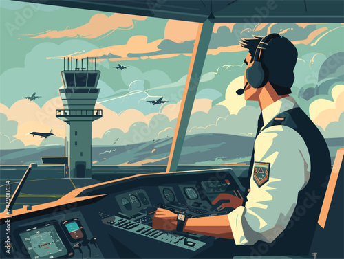 A helicopter pilot is in the cockpit of an aircraft, surrounded by flight instruments, ready for air travel through the clouds. Aviation at its finest