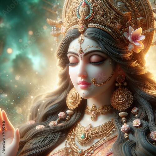 A realistic close-up of Goddess Parvati is portrayed in a mystical realm photo