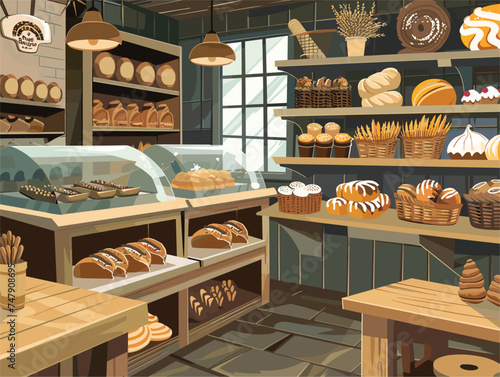 A bakery illustration showcasing a variety of bread and cupcakes on wooden shelving. The retail display is filled with staple foods and natural ingredients