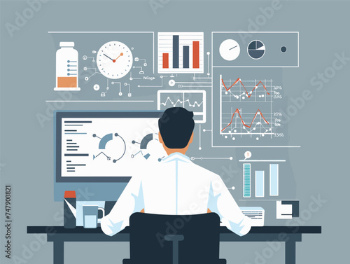 A man in a lab coat is seated at a desk in front of a computer monitor displaying data. He appears to be working on a project or analyzing some sort of information