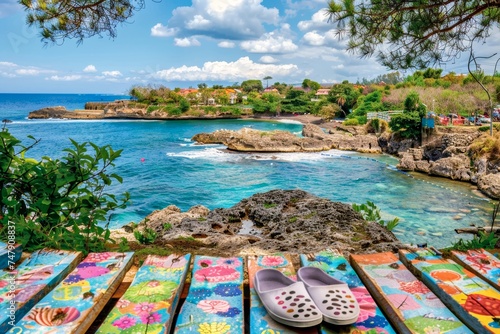 A breathtaking coastal view from a vibrant, artistically painted wooden table with shoes overlooking a tranquil bay photo