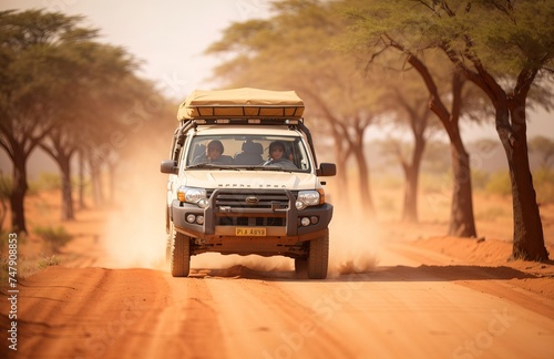 Safari vehicle on a dusty African road
