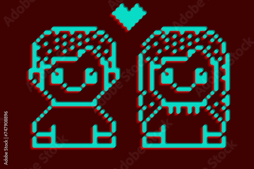 Noise effect man woman illustration set. Couple with heart cartoon.