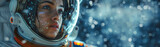 Female astronaut in a space helmet against bokeh background. Space exploration concept. Banner with cipy space for Cosmonautics Day event. 
