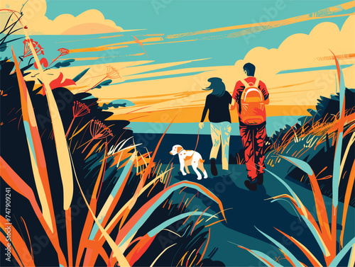 A couple is strolling through a grassy field with their dog on a leash, under the azure sky, creating a picturesque scene reminiscent of a painting