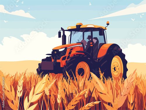 A tractor with large tires is cruising through a wheat field under a blue sky with fluffy clouds. The agricultural machinery is moving across the natural environment