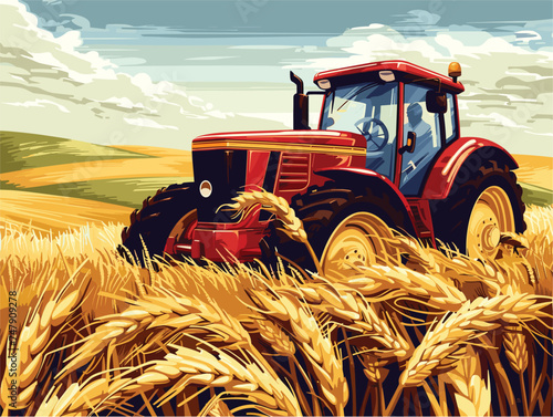 An agricultural tractor equipped with automotive tires is traversing a wheat field in the ecoregion, showcasing the synergy between agriculture and modern machinery