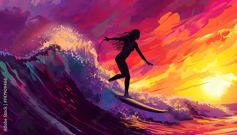 A digital illustration of a female surfer riding a wave with skill and grace her silhouette against Generative AI