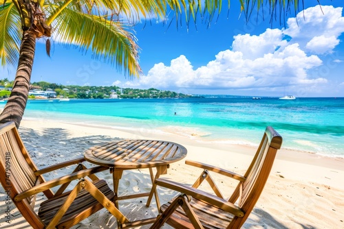 A serene and inviting image of a beachfront setup with a wooden chair and table under a palm tree  facing a turquoise sea