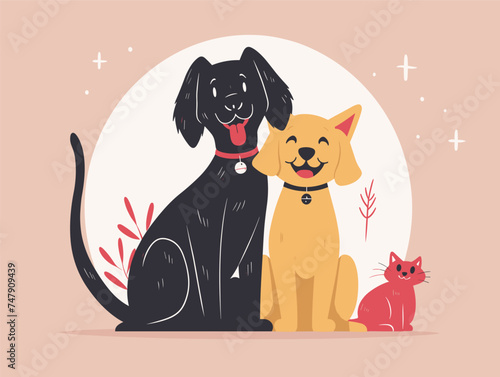 A cartoon black dog, a yellow dog, and a red cat are sitting next to each other in a happy gesture. The carnivore trio forms a cute rectangle of animal toys in this fawncolored art