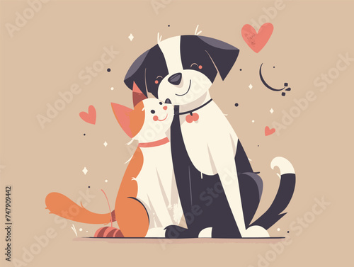 A cartoon dog and cat are embracing each other warmly in a heartwarming gesture of friendship. Their hair intertwines as they showcase a happy moment captured in this artful painting