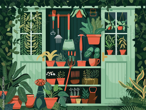 A green rectangular building with a facade of windows is filled with potted terrestrial plants and gardening tools, creating a beautiful and serene indoor garden