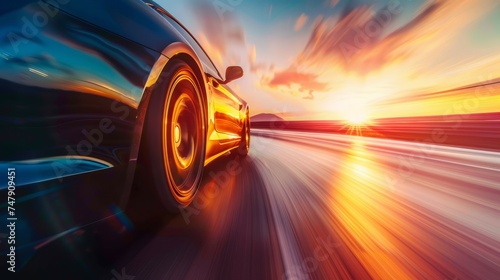 Dynamic image of a sports car speeding along a highway at sunset, showcasing motion and performance. photo
