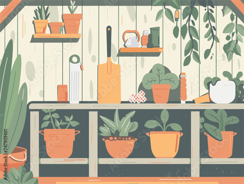 A collection of houseplants in flowerpots and gardening tools fill the greenhouse. The vibrant green foliage contrasts beautifully with the orange tools