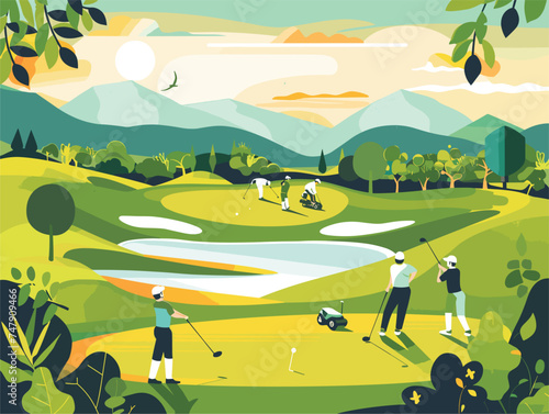 A group of individuals are enjoying a game of golf in a beautiful ecoregion  surrounded by green nature  towering trees  and majestic mountains under the vast sky