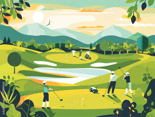 A group of individuals are enjoying a game of golf in a beautiful ecoregion, surrounded by green nature, towering trees, and majestic mountains under the vast sky